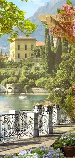 Scenic lakeside garden view with vibrant flowers.