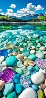 Colorful stones under clear water with mountains in the background.