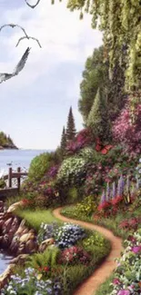 Serene lakeside path with vibrant flowers and tranquil water scene.