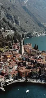 Aerial view of a charming lakeside town with scenic, picturesque landscape.