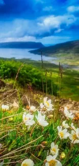 Scenic nature wallpaper with flowers and blue sky.