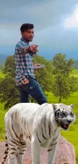 Nature scene with a white tiger and lush green field.