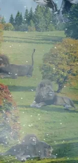 Landscape with autumn trees and lions in a peaceful setting.