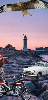 Wallpaper featuring a lighthouse, eagle, vintage car, and motorcycle at sunset.