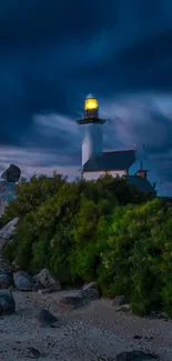 Lighthouse surrounded by rocks and greenery at dusk with dramatic sky.