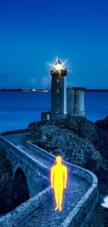 Lighthouse under starry night with glowing silhouette on a coastal path.