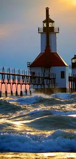 Lighthouse by the sea at sunset with waves crashing