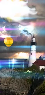 Fantasy lighthouse wallpaper with vibrant sky and hot air balloon.