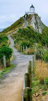 Scenic lighthouse on a green hill with pathway.