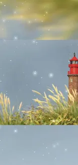 Lighthouse with grassy foreground and a tranquil sky.