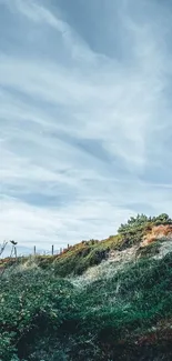 Lighthouse on a coastal bluff under a blue sky wallpaper.