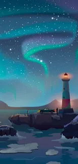 Illustrated lighthouse by ocean under aurora lit night sky with stars.