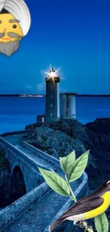 Lighthouse on rocky coast under a midnight blue sky with digital art elements.