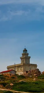 Lighthouse with blue sky and rocky coast wallpaper.