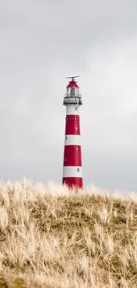 Mobile wallpaper featuring a lighthouse against a cloudy sky with grassy dunes.