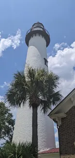 Lighthouse with blue sky and palm trees on a sunny day.