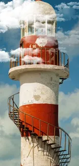 Vintage lighthouse with spiral stairs under a cloud-dotted sky.