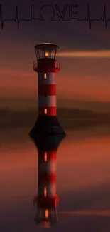 Red and white lighthouse at sunset with love-themed design.