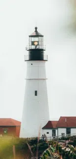 A scenic lighthouse standing by the ocean with red-roofed buildings and greenery.