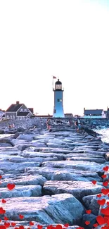 Scenic lighthouse with a rocky path and heart decorations.