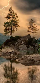 Mountain lake landscape with lightning in a dramatic evening sunset.