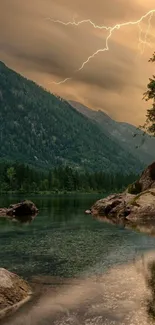 Mountain landscape with lightning in serene natural setting.