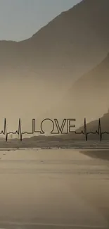 Minimalist 'Love' heartbeat on misty mountain and lake wallpaper.