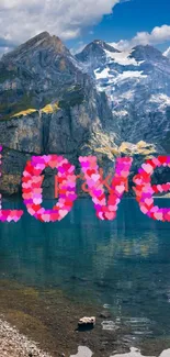 Mountain landscape with 'Love' text in pink floral design.