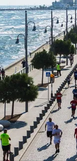 Marathon runners along Larnaka's scenic seaside path with ocean views.