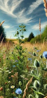 A vibrant meadow with colorful wildflowers under a blue sky.