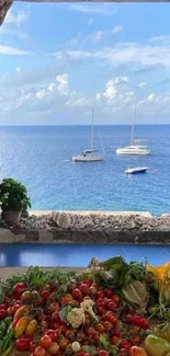 Mediterranean window view with sea and boats, vibrant produce inside.