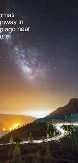 Night landscape with Milky Way over mountain road.