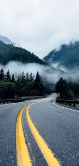 Scenic misty road through lush green mountains, perfect for phone wallpaper.