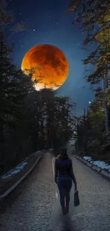 Woman walking on a moonlit forest path.