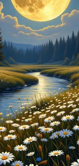 Scenic wallpaper of a moonlit river with daisies and a full moon.