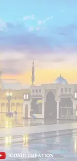 Beautiful mosque at dawn with pastel skies and reflective ground.