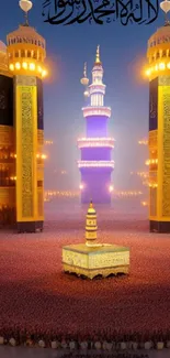 Majestic golden mosque at sunset with vibrant evening sky.