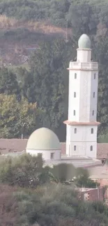 Mosque surrounded by lush green landscape.