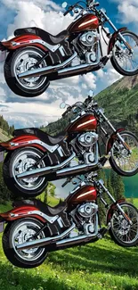 Motorcycles on a scenic mountain landscape with lush green surroundings.