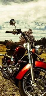 Red motorcycle on open road under a vibrant sky, scenic mobile wallpaper.