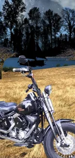 Motorcycle in a scenic field with night sky backdrop.