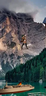 Hiker on a mountain with a cabin and ship, serene scenic view.