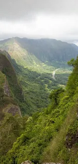 Person on mountain peak with lush green landscape.