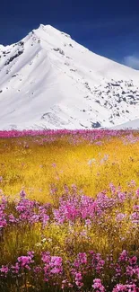 Scenic view of snowy mountains with pink flower meadow.