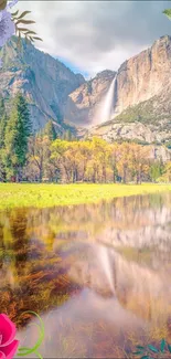 Scenic mountain landscape with waterfall and floral accents.