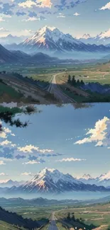 Anime wallpaper featuring scenic mountains and lush valleys under a serene sky.