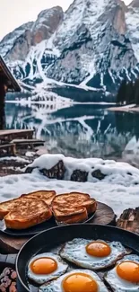 Breakfast with mountain and snowy landscape in the background.