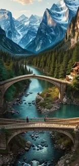 Scenic mountain landscape with bridge and river.