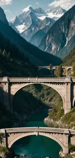 Scenic mountain landscape with bridges and lush greenery.