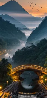 Scenic view of a mountain bridge at dawn with misty surroundings.